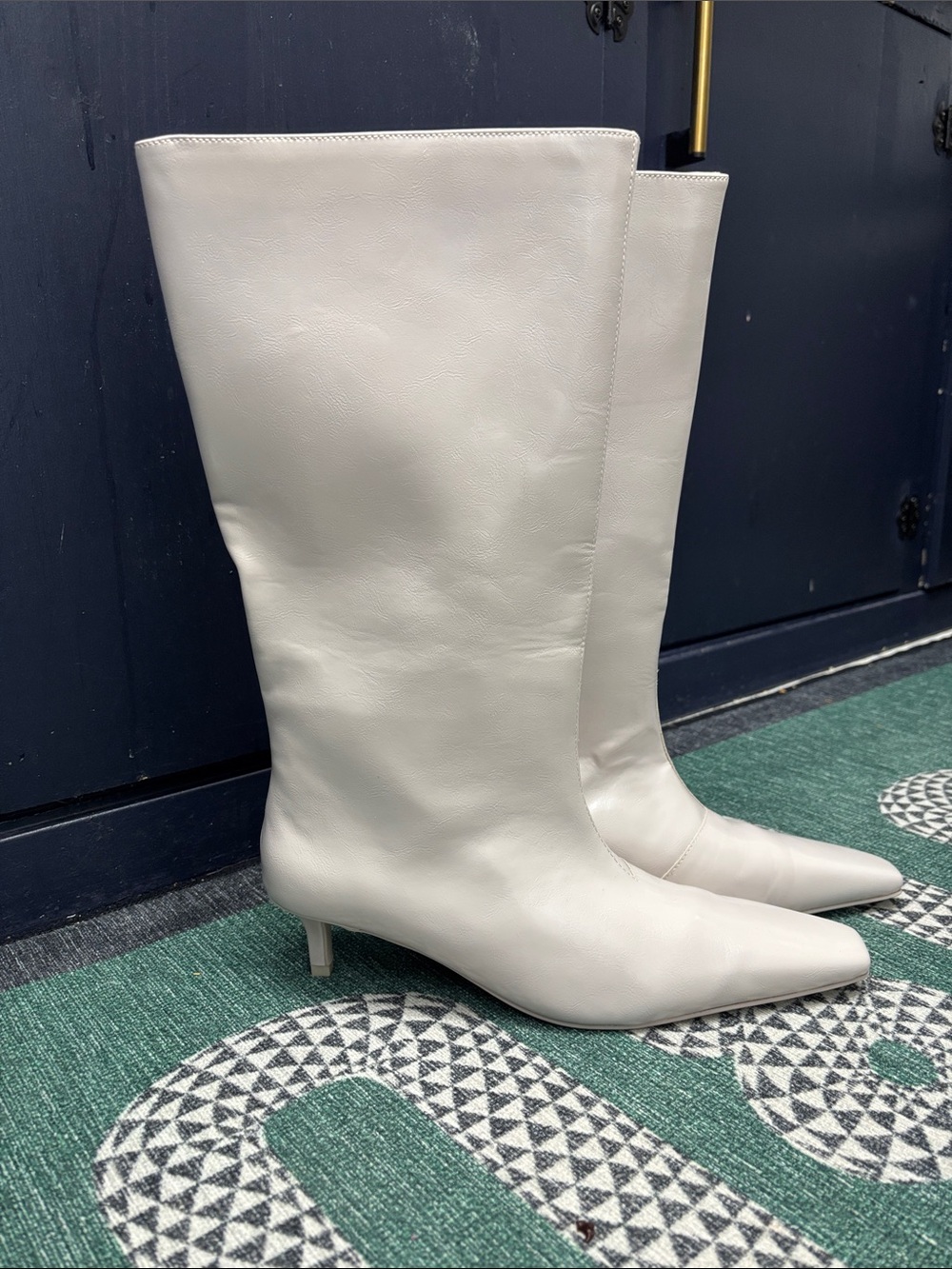 OAK + FORT Cream Knee High Pointed-Toe Kitten Heel Boots